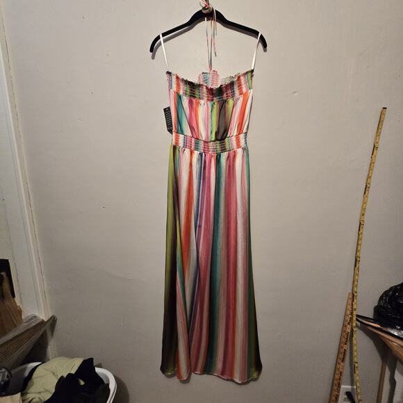 Boston Proper NWT Rainbow Stripe Maxi Dress Womens SM Tie Neck Colorful Boho - Picture 12 of 16